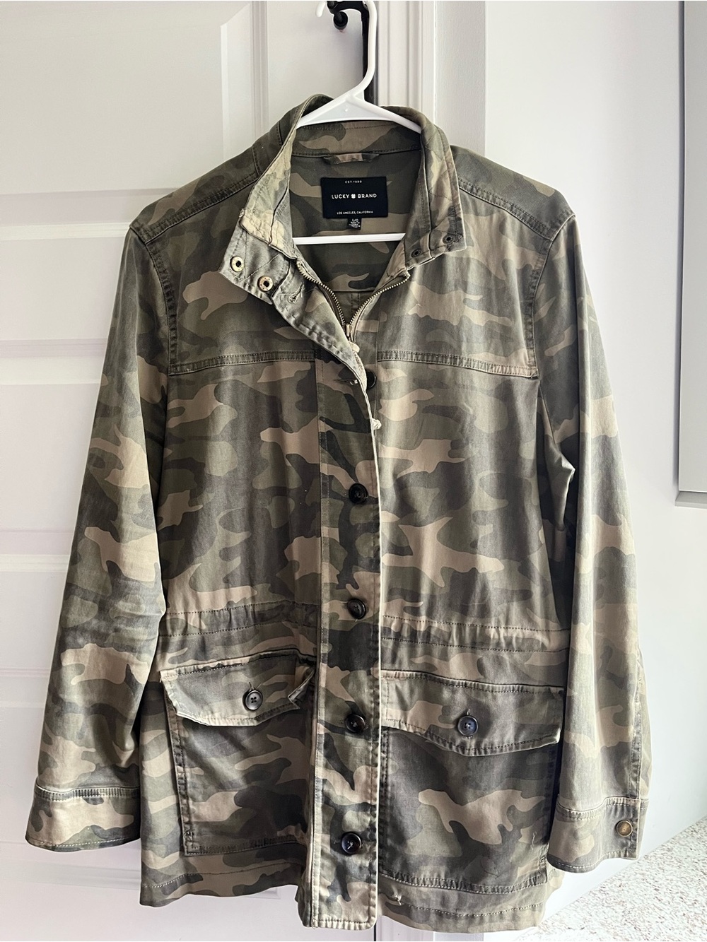 Lucky Brand Camo Utility Jacket in Olive and Tan